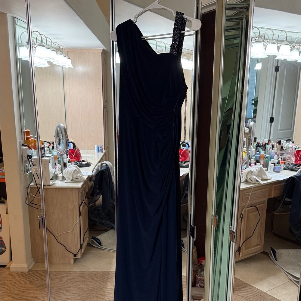 Adrianna Papell Navy One-Shoulder Gown